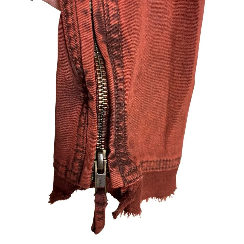 Free People Rust Orange Collapsing Twill Raw Hem Moto Jacket Boho Utility Small